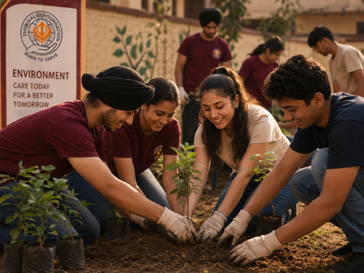 Young volunteers planting trees during an environment initiative